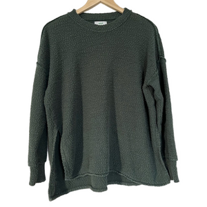 Aerie Deep Green Knit Drop Shoulder Crew Neck Sweater Cozy Oversized Side Slit